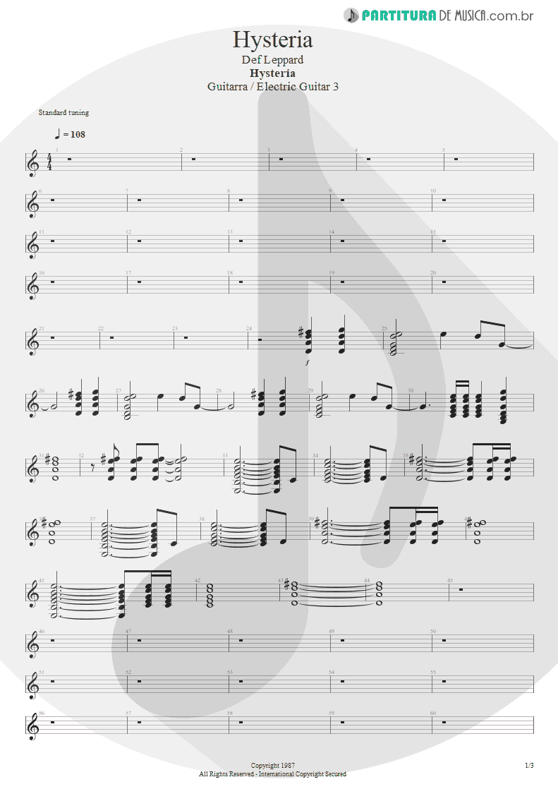 Partitura de musica de Guitarra Elétrica - Hysteria | Def Leppard | Hysteria 1987 - pag 1