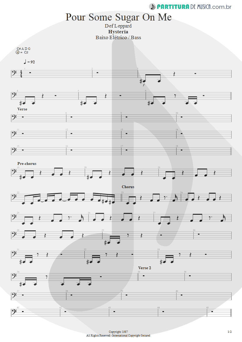 Partitura de musica de Baixo Elétrico - Pour Some Sugar On Me | Def Leppard | Hysteria 1987 - pag 1