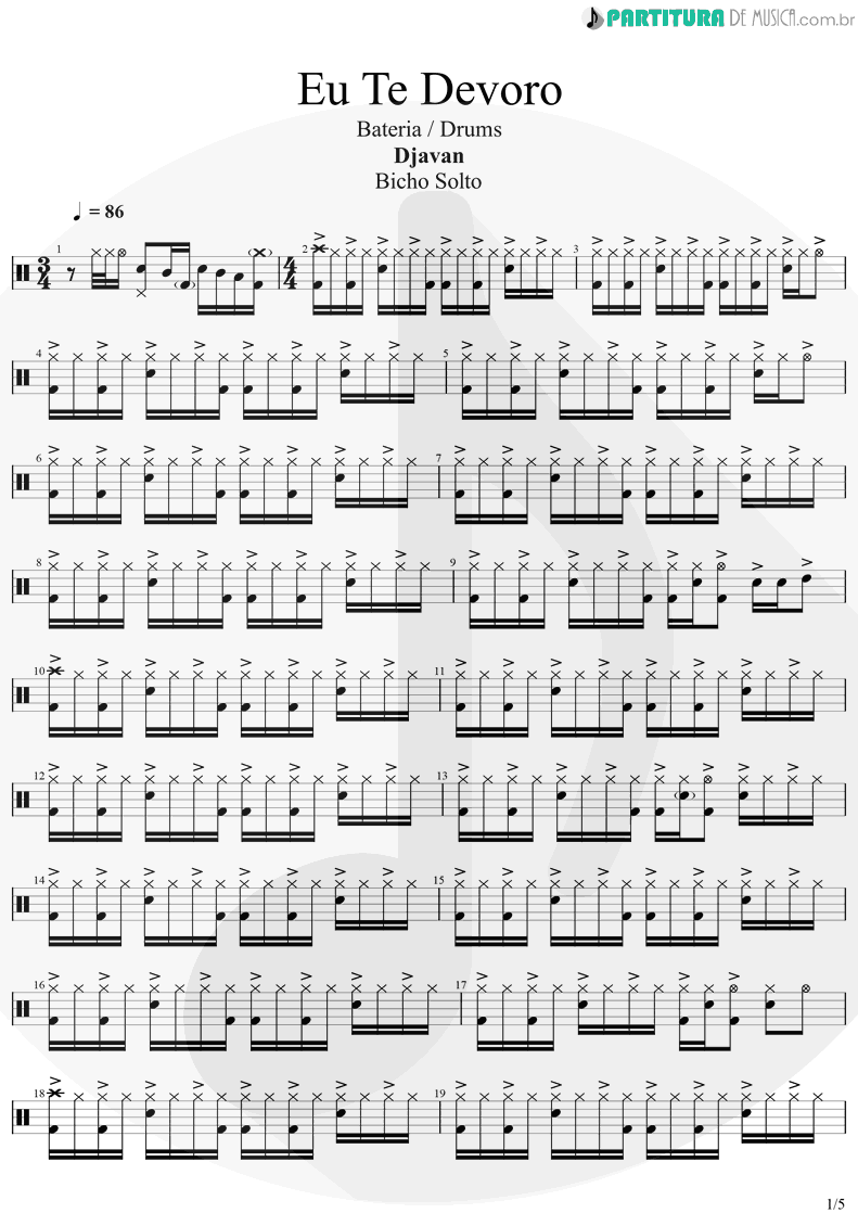 Partitura de musica de Bateria - Eu Te Devoro | Djavan | Bicho Solto 1998 - pag 1