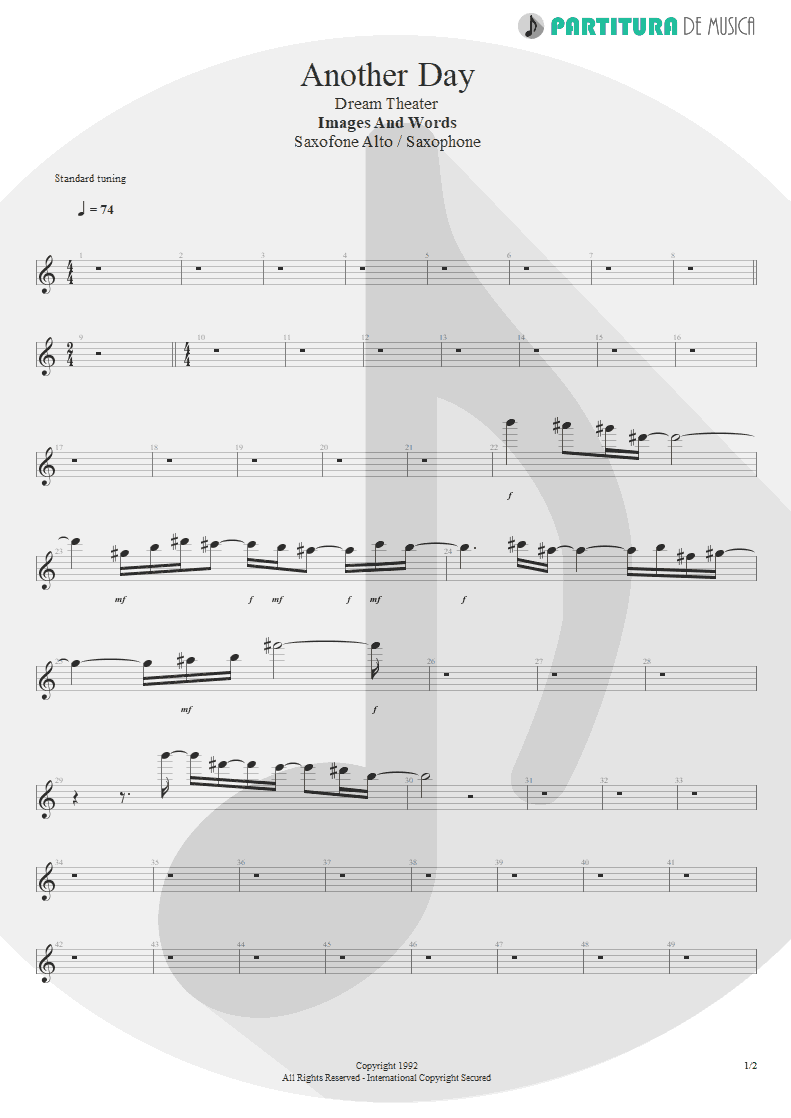 Partitura de musica de Saxofone Alto - Another Day | Dream Theater | Images and Words 1992 - pag 1
