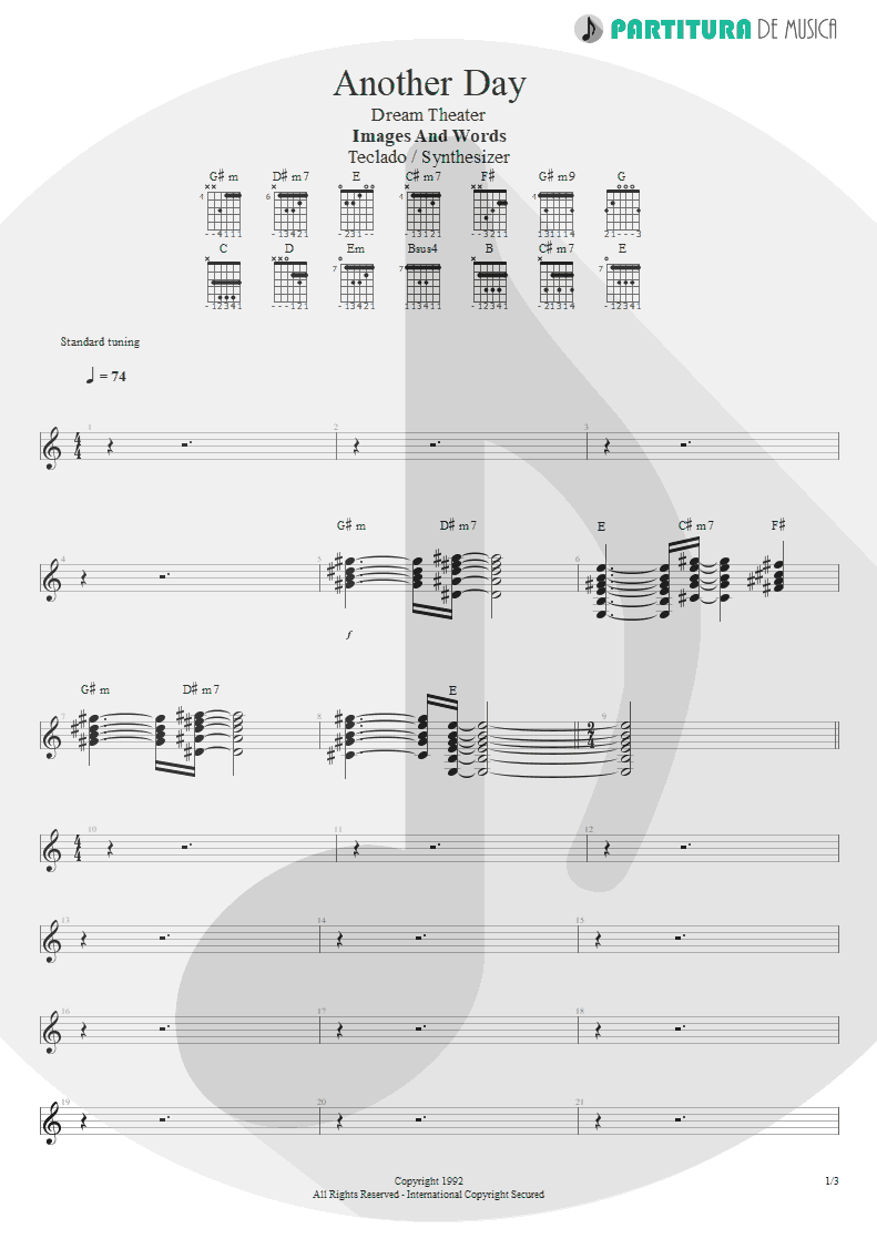 Partitura de musica de Teclado - Another Day | Dream Theater | Images and Words 1992 - pag 1