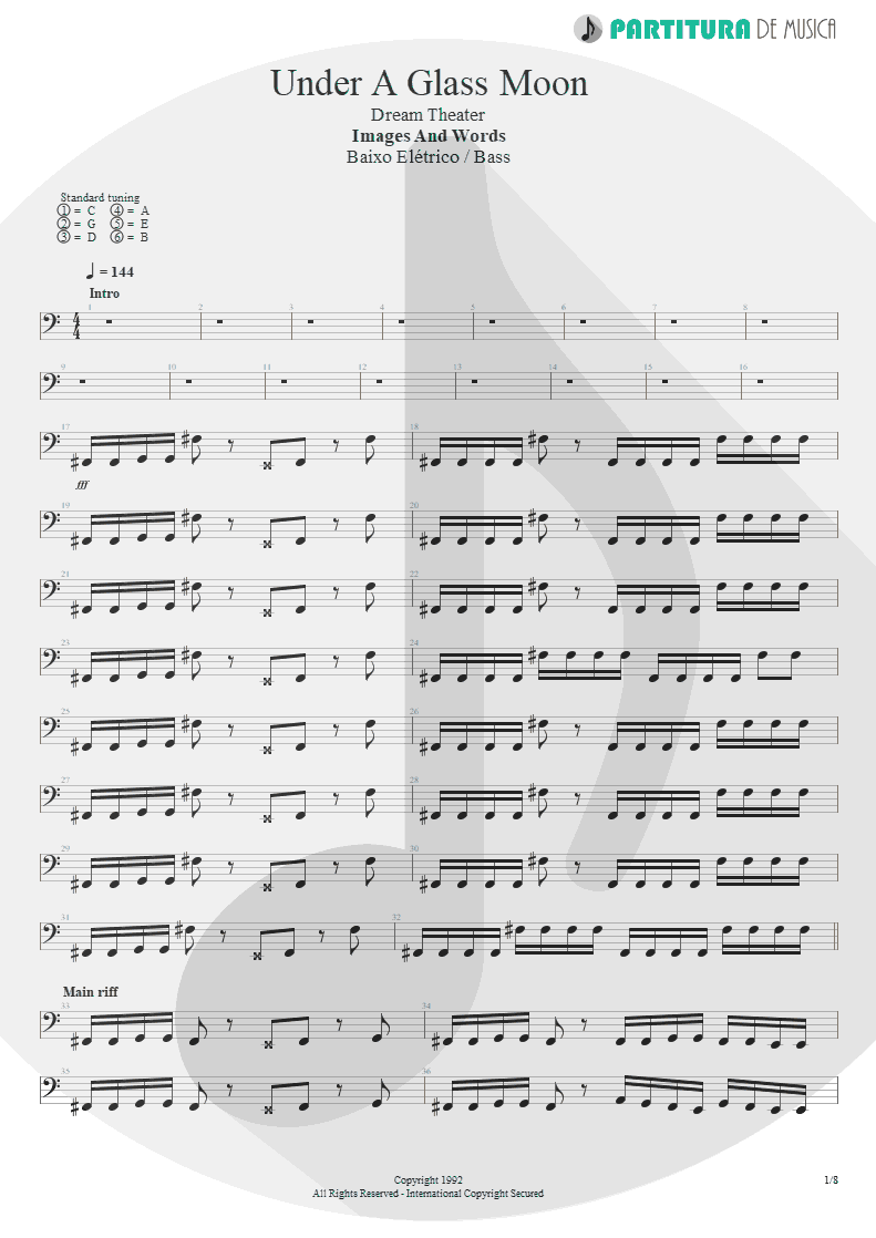 Partitura de musica de Baixo Elétrico - Under A Glass Moon | Dream Theater | Images and Words 1992 - pag 1