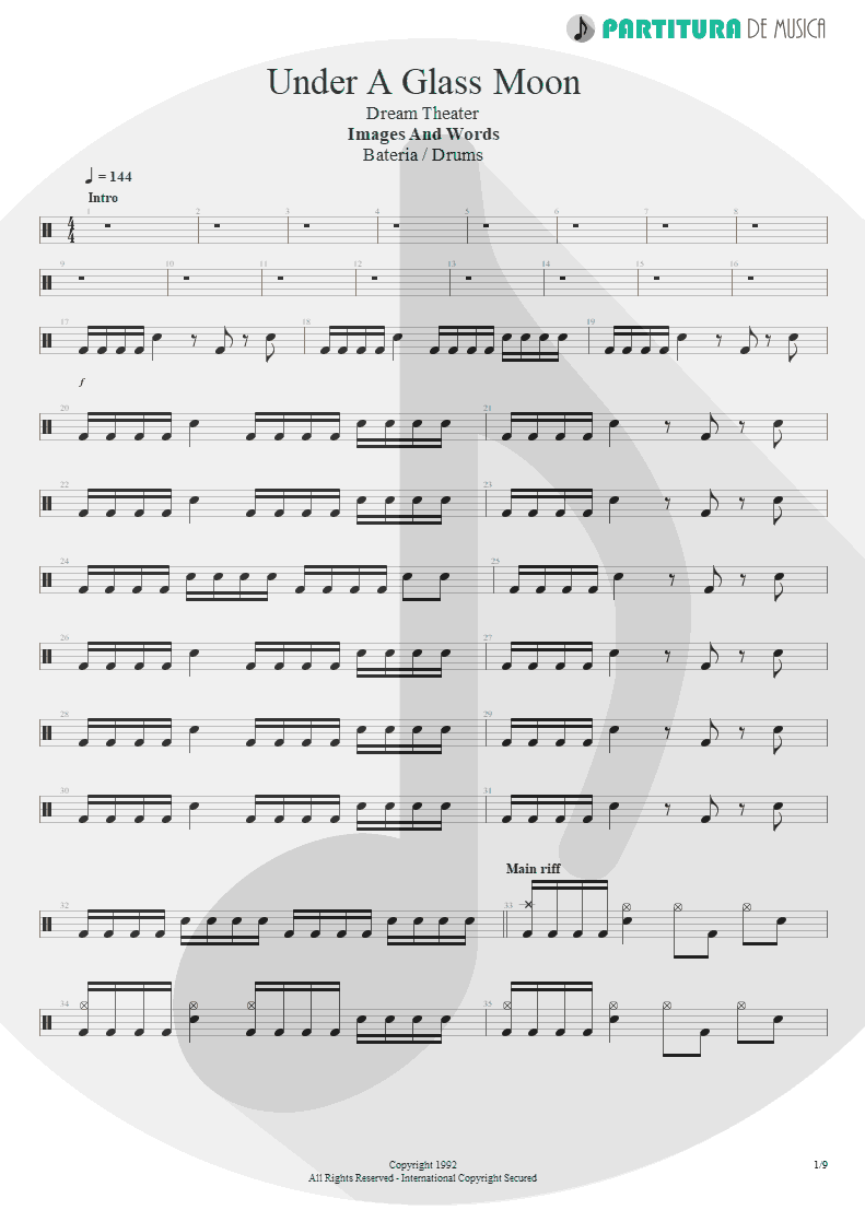 Partitura de musica de Bateria - Under A Glass Moon | Dream Theater | Images and Words 1992 - pag 1