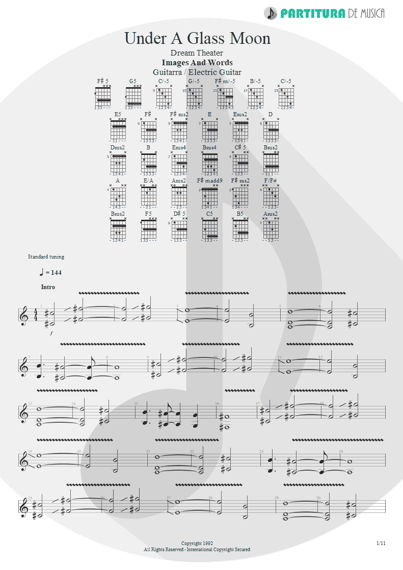 Partitura de musica de Guitarra Elétrica - Under A Glass Moon | Dream Theater | Images and Words 1992 - pag 1