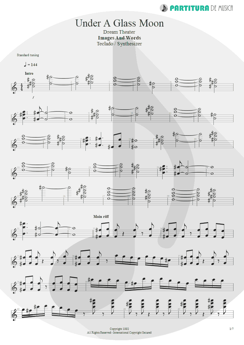 Partitura de musica de Teclado - Under A Glass Moon | Dream Theater | Images and Words 1992 - pag 1