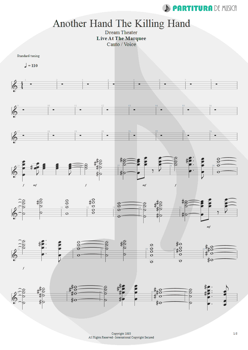 Partitura de musica de Canto - Another Hand / The Killing Hand | Dream Theater | Live at the Marquee 1993 - pag 1