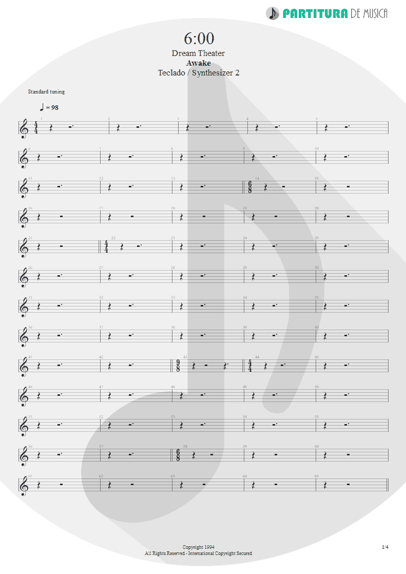 Partitura de musica de Teclado - 6:00 | Dream Theater | Awake 1994 - pag 1