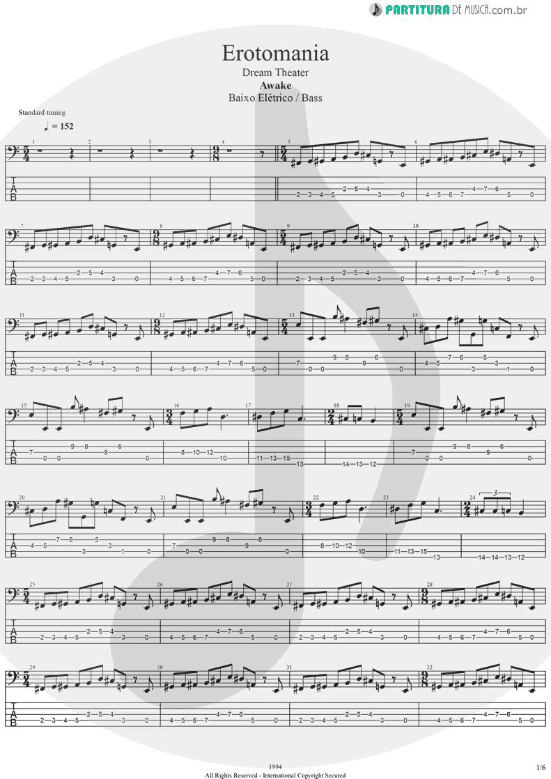Tablatura + Partitura de musica de Baixo Elétrico - Erotomania | Dream Theater | Awake 1994 - pag 1