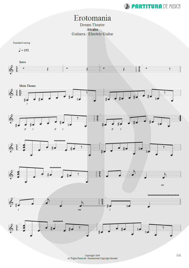 Partitura de musica de Guitarra Elétrica - Erotomania | Dream Theater | Awake 1994 - pag 1