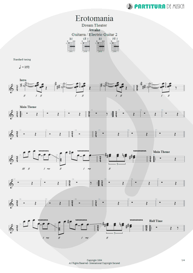Partitura de musica de Guitarra Elétrica - Erotomania | Dream Theater | Awake 1994 - pag 1