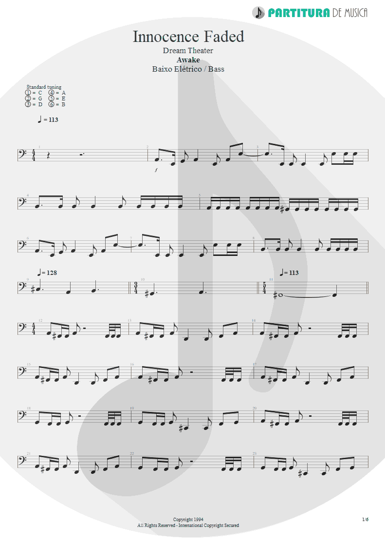 Partitura de musica de Baixo Elétrico - Innocence Faded | Dream Theater | Awake 1994 - pag 1