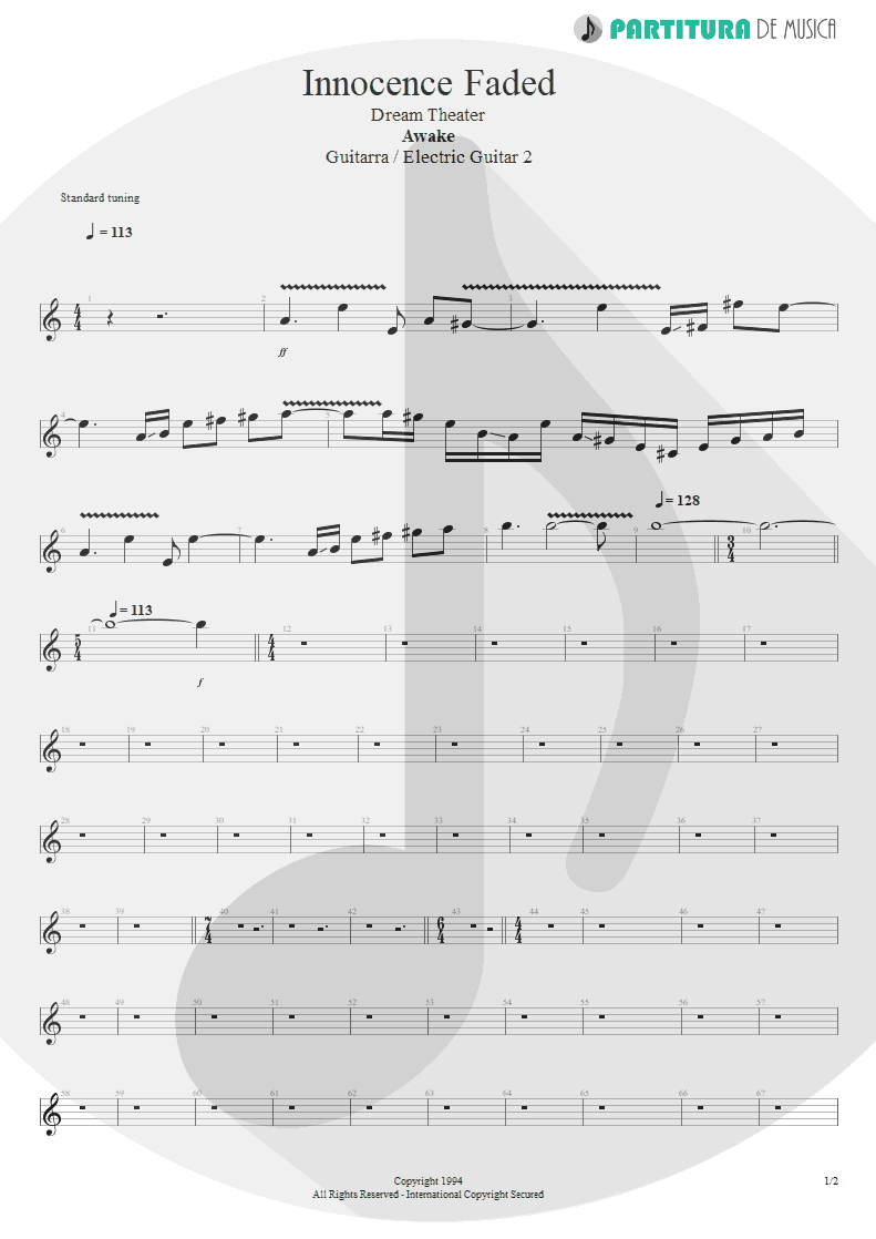 Partitura de musica de Guitarra Elétrica - Innocence Faded | Dream Theater | Awake 1994 - pag 1