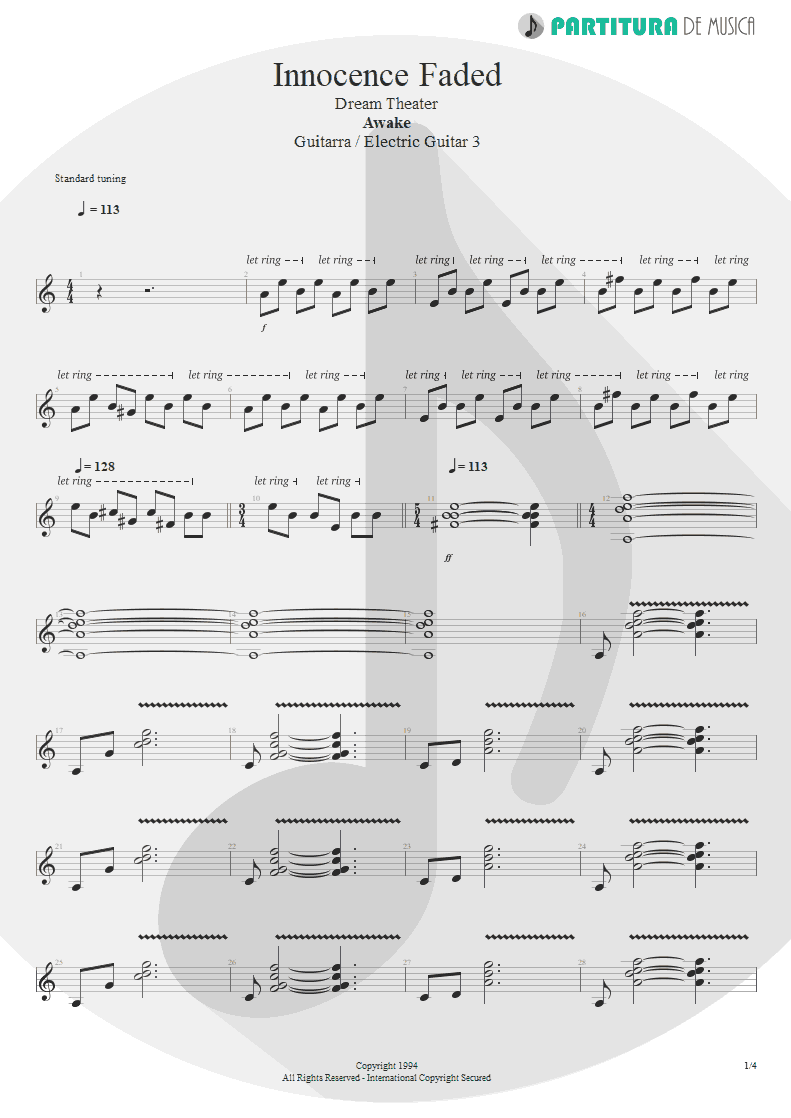 Partitura de musica de Guitarra Elétrica - Innocence Faded | Dream Theater | Awake 1994 - pag 1