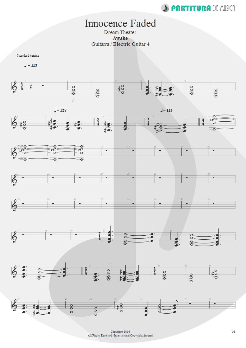 Partitura de musica de Guitarra Elétrica - Innocence Faded | Dream Theater | Awake 1994 - pag 1