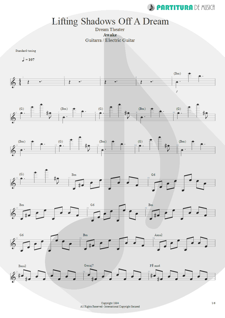 Partitura de musica de Guitarra Elétrica - Lifting Shadows Off A Dream | Dream Theater | Awake 1994 - pag 1