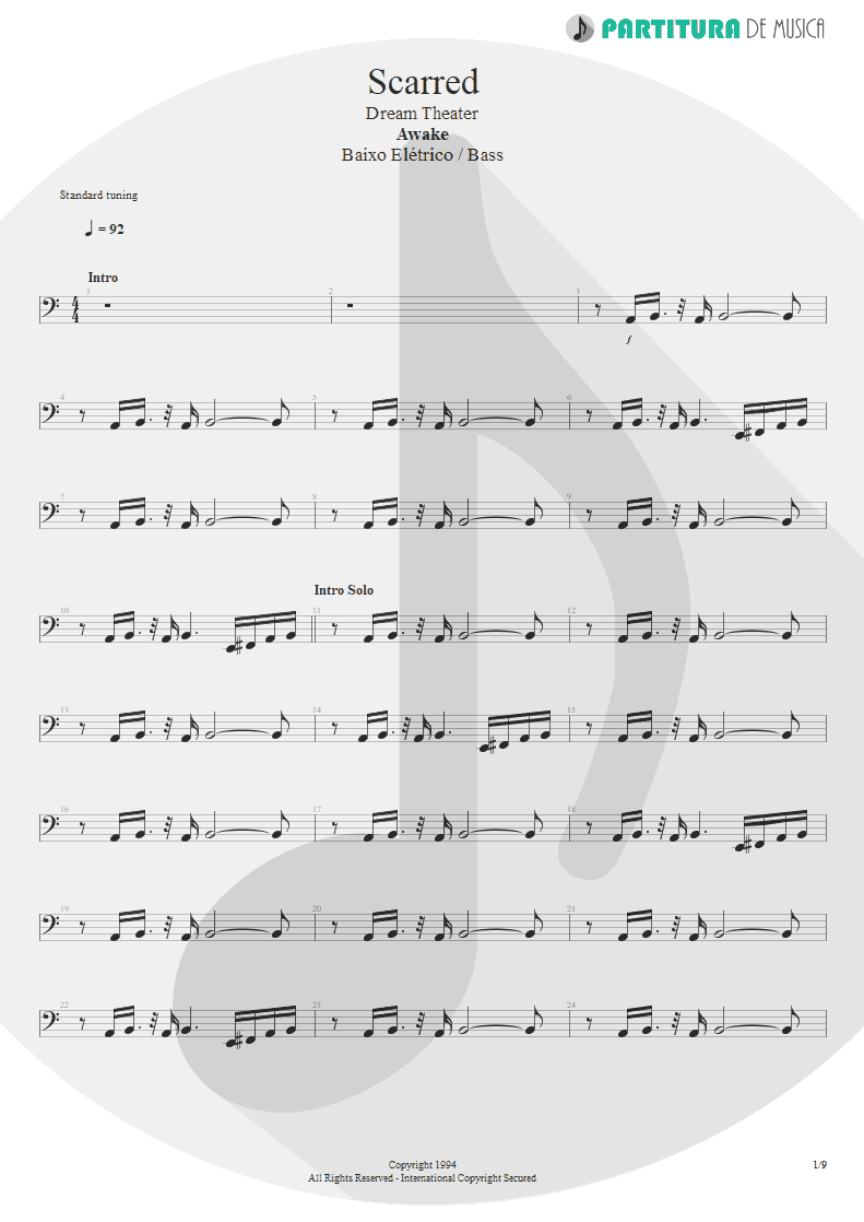 Partitura de musica de Baixo Elétrico - Scarred | Dream Theater | Awake 1994 - pag 1