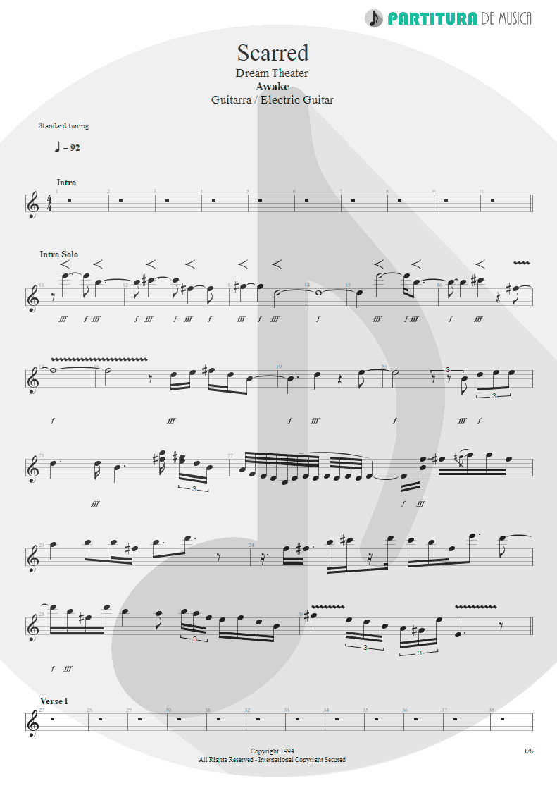 Partitura de musica de Guitarra Elétrica - Scarred | Dream Theater | Awake 1994 - pag 1