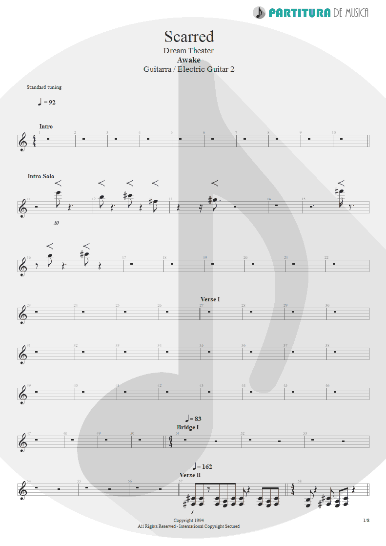 Partitura de musica de Guitarra Elétrica - Scarred | Dream Theater | Awake 1994 - pag 1