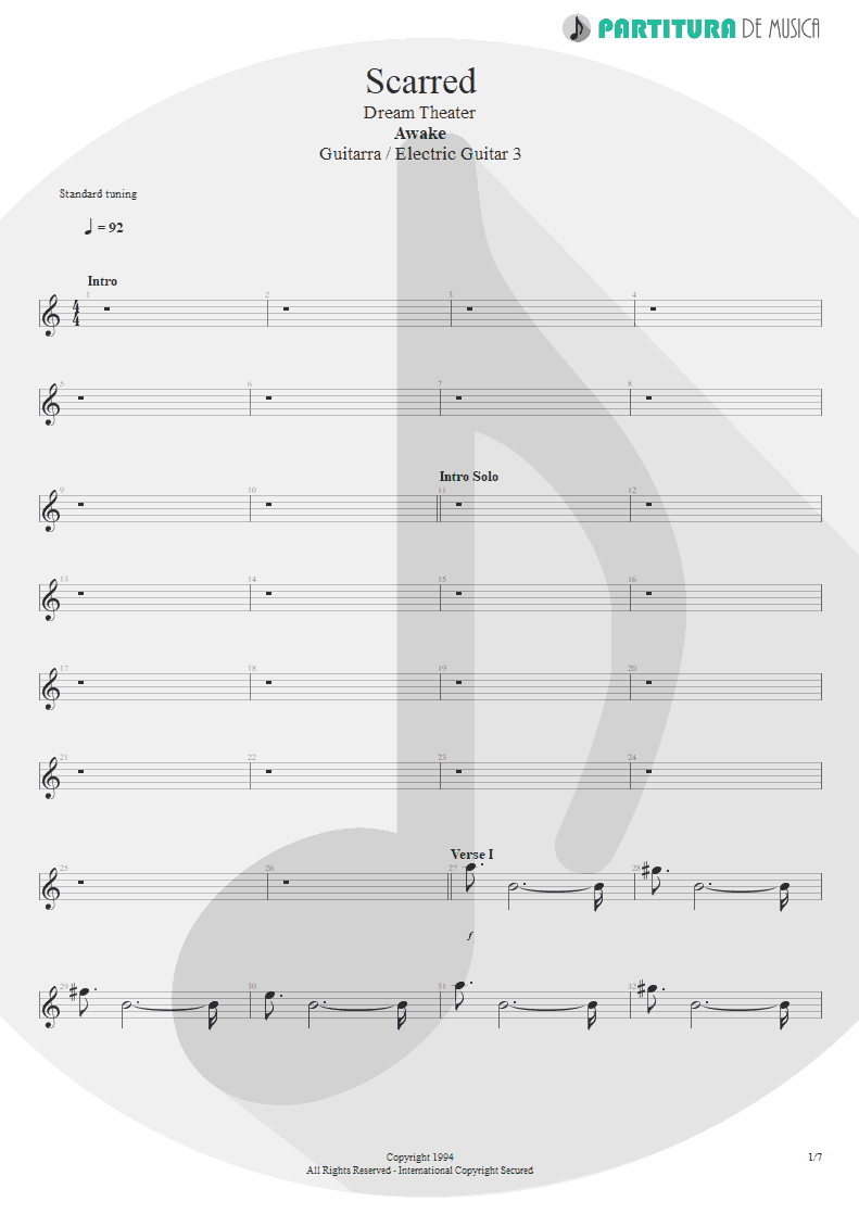 Partitura de musica de Guitarra Elétrica - Scarred | Dream Theater | Awake 1994 - pag 1