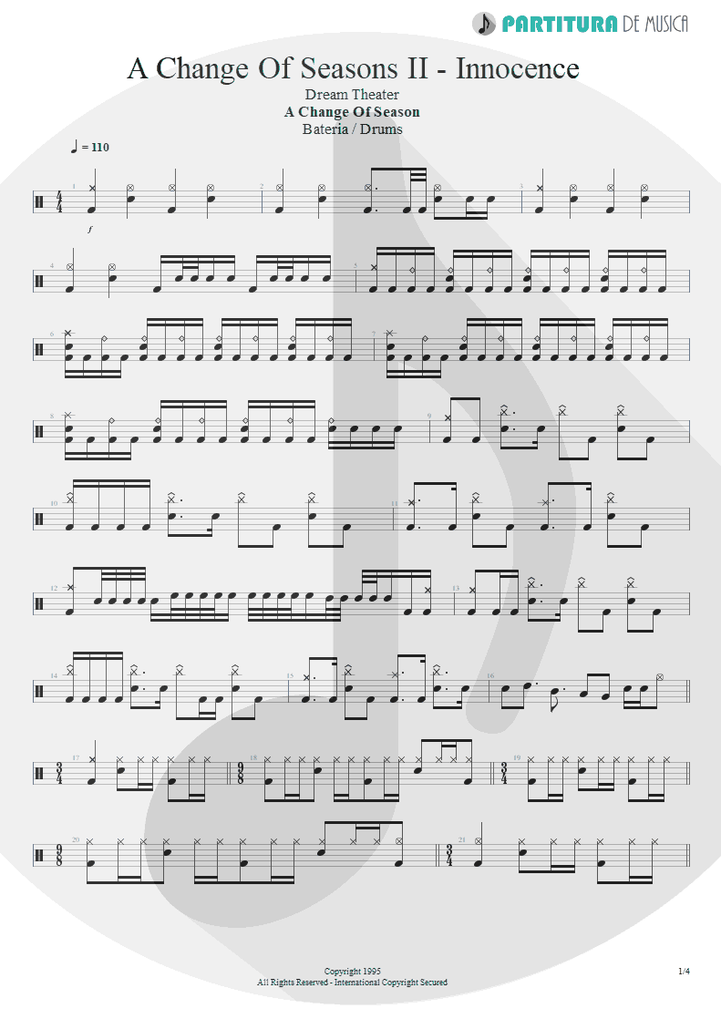 Partitura de musica de Bateria - ACOS: II - Innocence | Dream Theater | A Change of Seasons 1995 - pag 1