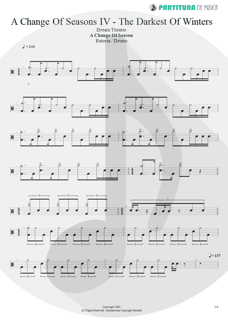 Partitura de musica de Bateria - ACOS: IV - The Darkest of Winters | Dream Theater | A Change of Seasons 1995 - pag 1