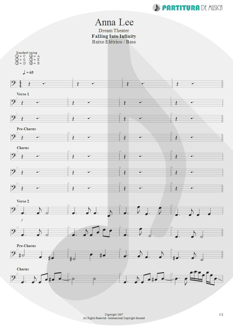 Partitura de musica de Baixo Elétrico - Anna Lee | Dream Theater | Falling into Infinity 1997 - pag 1