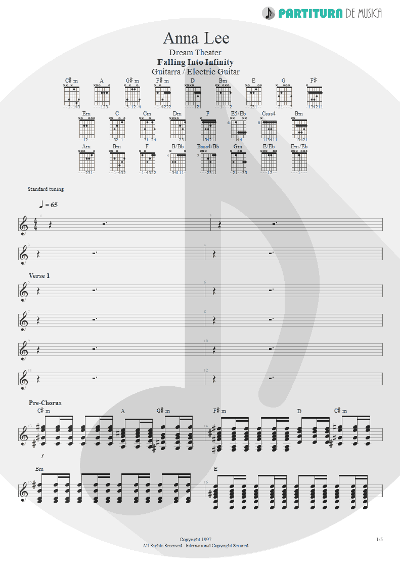 Partitura de musica de Guitarra Elétrica - Anna Lee | Dream Theater | Falling into Infinity 1997 - pag 1