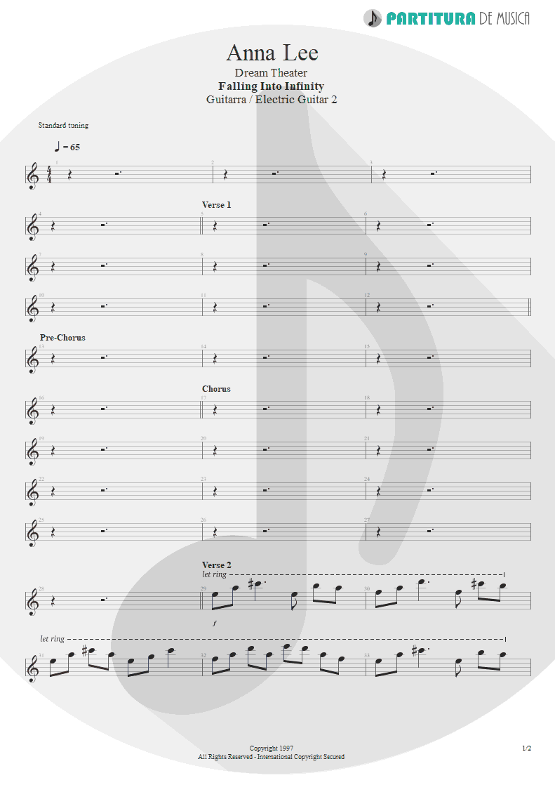 Partitura de musica de Guitarra Elétrica - Anna Lee | Dream Theater | Falling into Infinity 1997 - pag 1