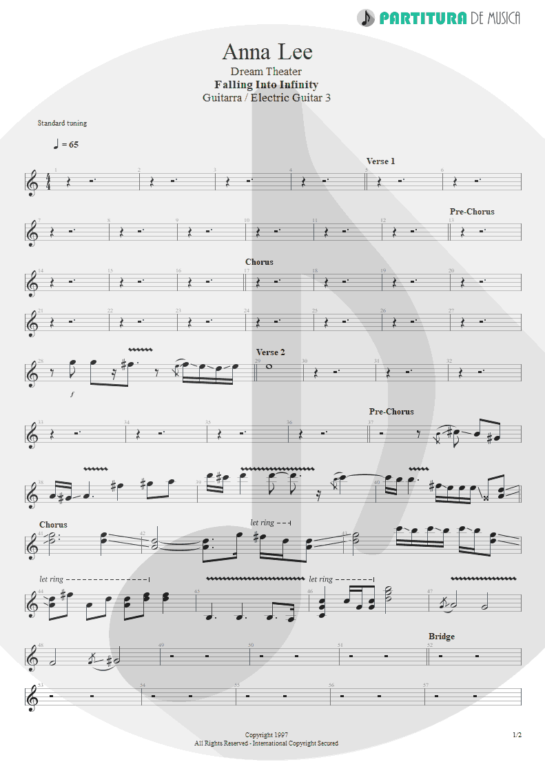 Partitura de musica de Guitarra Elétrica - Anna Lee | Dream Theater | Falling into Infinity 1997 - pag 1