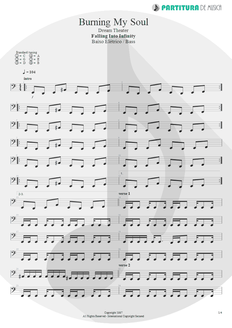 Partitura de musica de Baixo Elétrico - Burning My Soul | Dream Theater | Falling into Infinity 1997 - pag 1