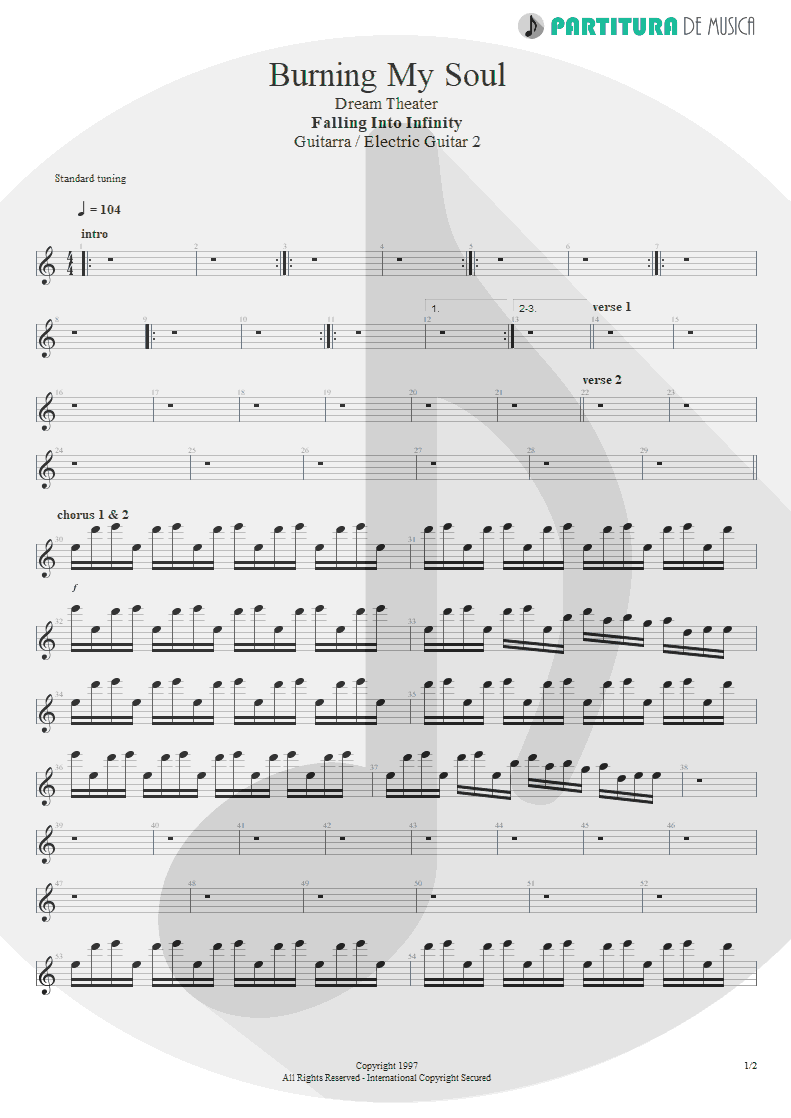 Partitura de musica de Guitarra Elétrica - Burning My Soul | Dream Theater | Falling into Infinity 1997 - pag 1