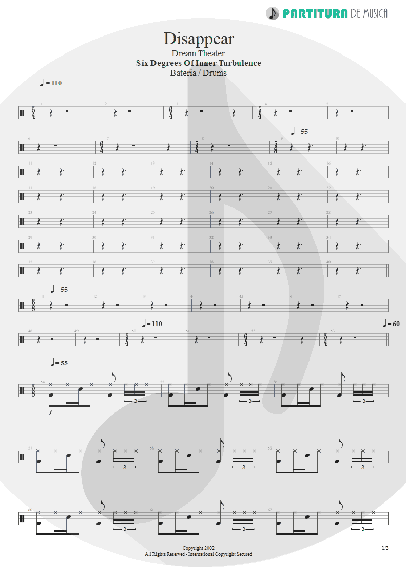 Partitura de musica de Bateria - Disappear | Dream Theater | Six Degrees of Inner Turbulence 2002 - pag 1