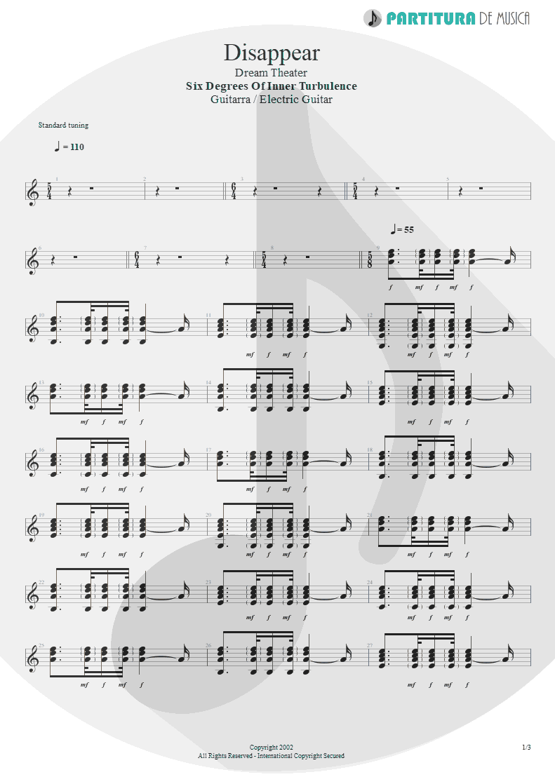 Partitura de musica de Guitarra Elétrica - Disappear | Dream Theater | Six Degrees of Inner Turbulence 2002 - pag 1