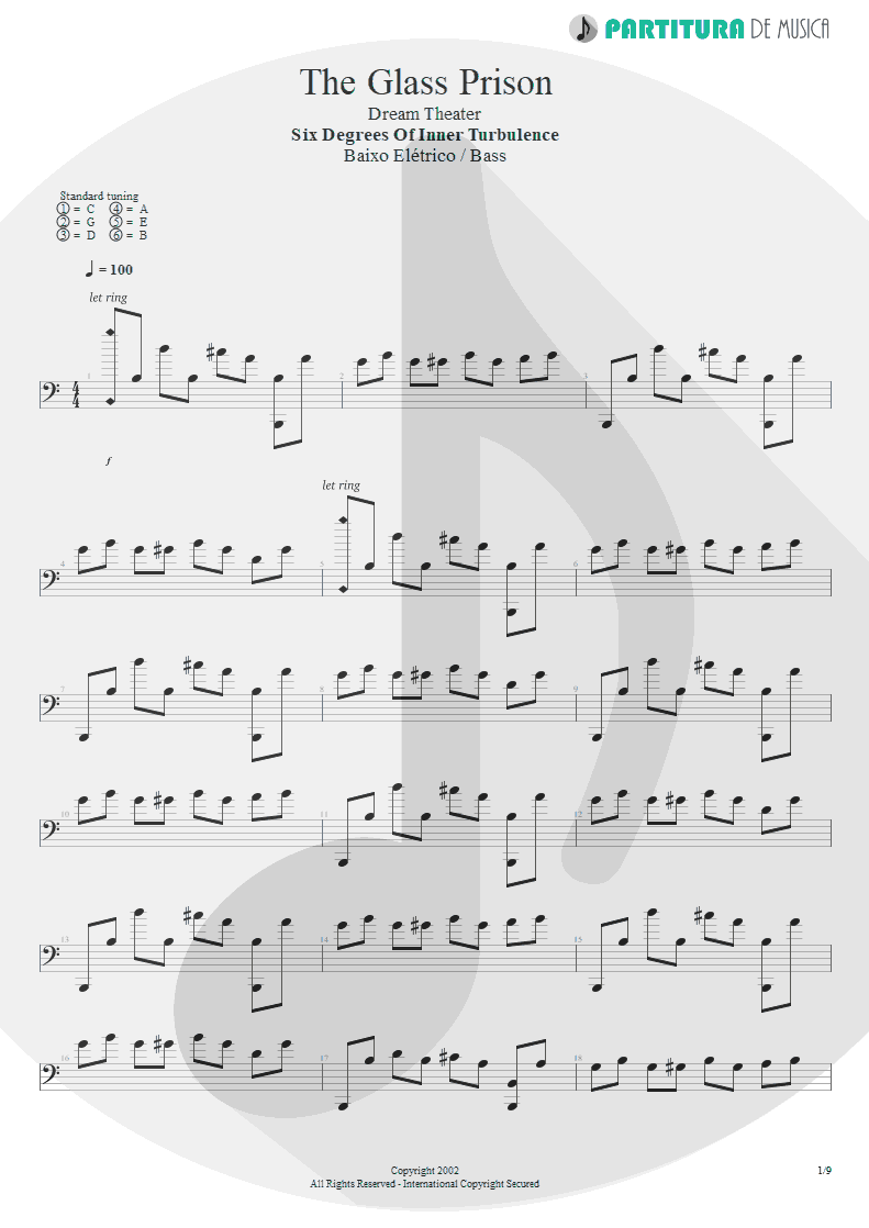 Partitura de musica de Baixo Elétrico - The Glass Prison | Dream Theater | Six Degrees of Inner Turbulence 2002 - pag 1