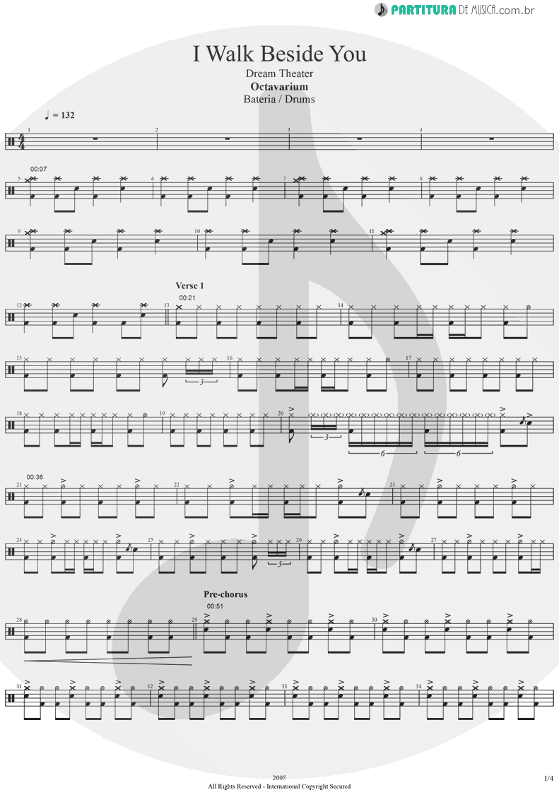 Partitura de musica de Bateria - I Walk Beside You | Dream Theater | Octavarium 2005 - pag 1
