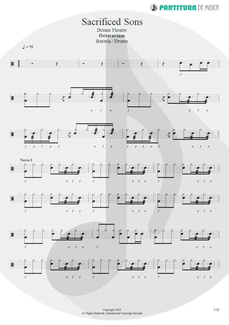 Partitura de musica de Bateria - Sacrificed Sons | Dream Theater | Octavarium 2005 - pag 1