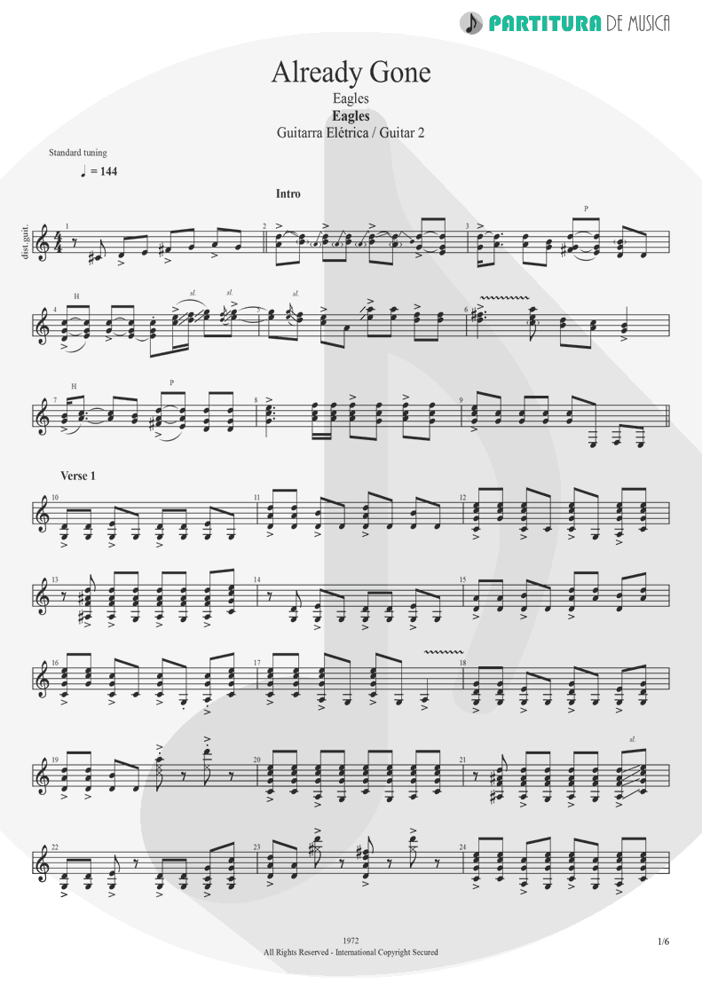 Partitura de musica de Guitarra Elétrica - Already Gone | Eagles | On The Border 1974 - pag 1