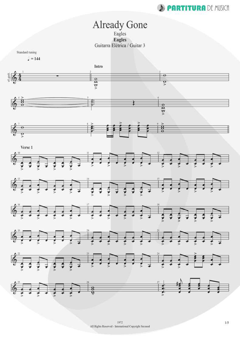 Partitura de musica de Guitarra Elétrica - Already Gone | Eagles | On The Border 1974 - pag 1