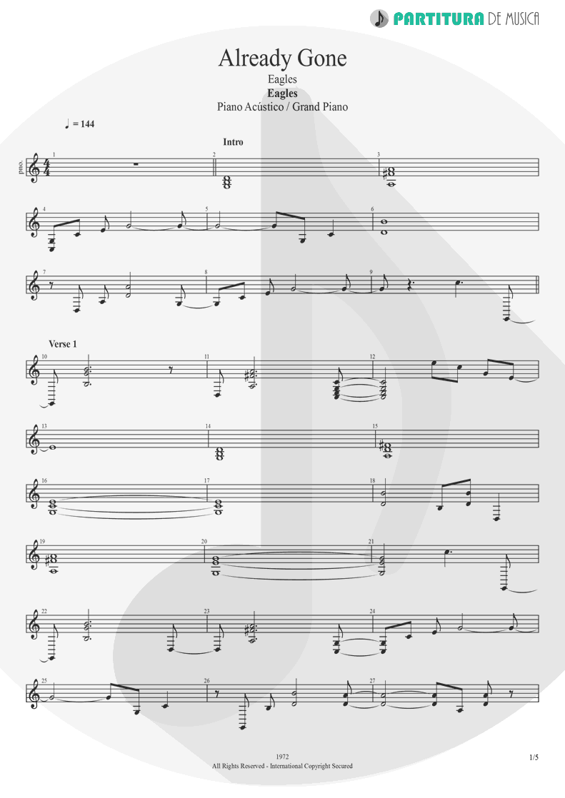 Partitura de musica de Piano - Already Gone | Eagles | On The Border 1974 - pag 1