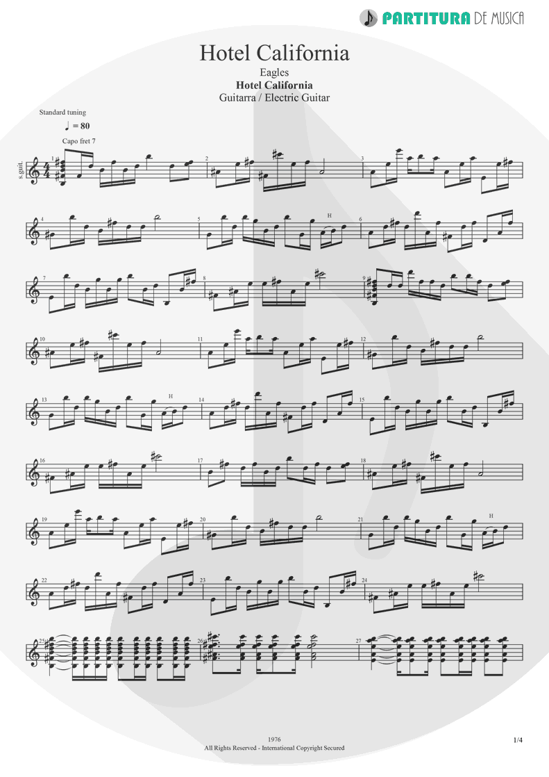 Partitura de musica de Guitarra Elétrica - Hotel California | Eagles | Hotel California 1976 - pag 1