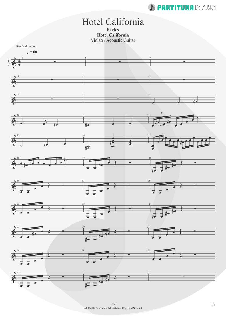 Partitura de musica de Violão - Hotel California | Eagles | Hotel California 1976 - pag 1