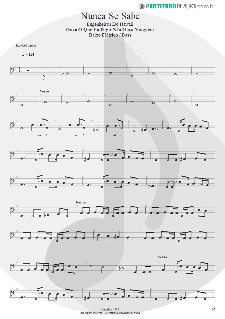 Partitura de musica de Baixo Elétrico - Nunca Se Sabe | Engenheiros do Hawaii | Ouça o Que Eu Digo: Não Ouça Ninguém 1988 - pag 1