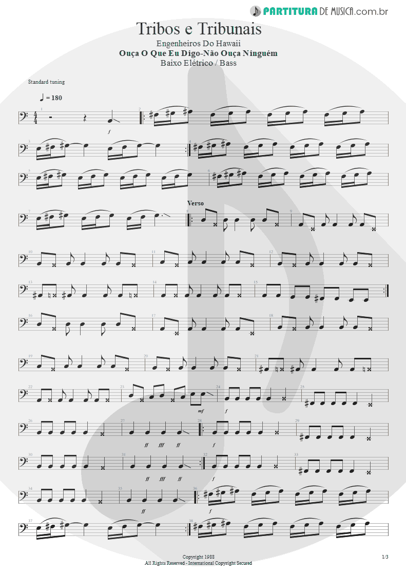 Partitura de musica de Baixo Elétrico - Tribos E Tribunais | Engenheiros do Hawaii | Ouça o Que Eu Digo: Não Ouça Ninguém 1988 - pag 1