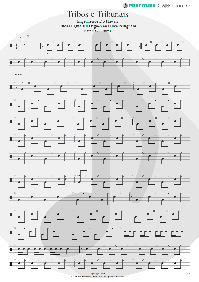 Partitura de musica de Bateria - Tribos E Tribunais | Engenheiros do Hawaii | Ouça o Que Eu Digo: Não Ouça Ninguém 1988 - pag 1