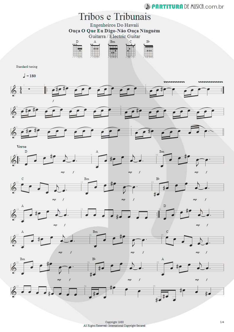 Partitura de musica de Guitarra Elétrica - Tribos E Tribunais | Engenheiros do Hawaii | Ouça o Que Eu Digo: Não Ouça Ninguém 1988 - pag 1