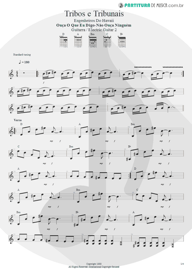 Partitura de musica de Guitarra Elétrica - Tribos E Tribunais | Engenheiros do Hawaii | Ouça o Que Eu Digo: Não Ouça Ninguém 1988 - pag 1