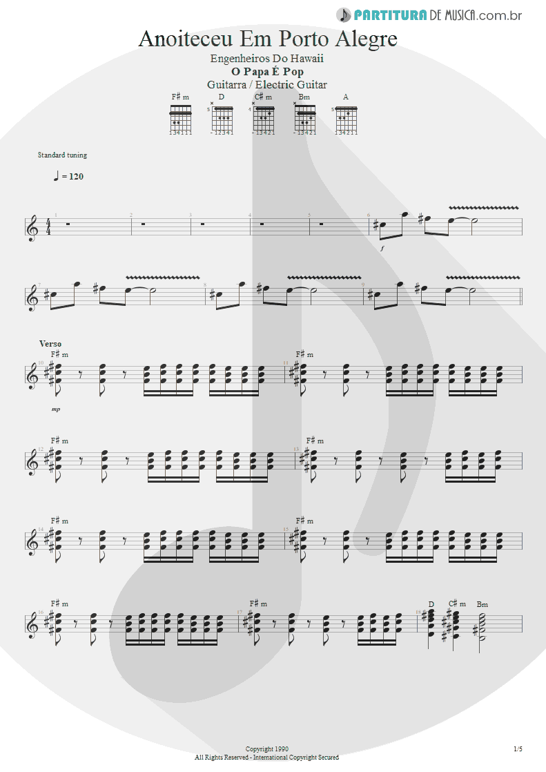 Partitura de musica de Guitarra Elétrica - Anoiteceu Em Porto Alegre | Engenheiros do Hawaii | O Papa é Pop 1990 - pag 1