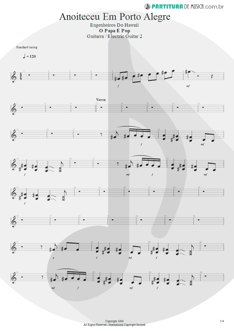 Partitura de musica de Guitarra Elétrica - Anoiteceu Em Porto Alegre | Engenheiros do Hawaii | O Papa é Pop 1990 - pag 1