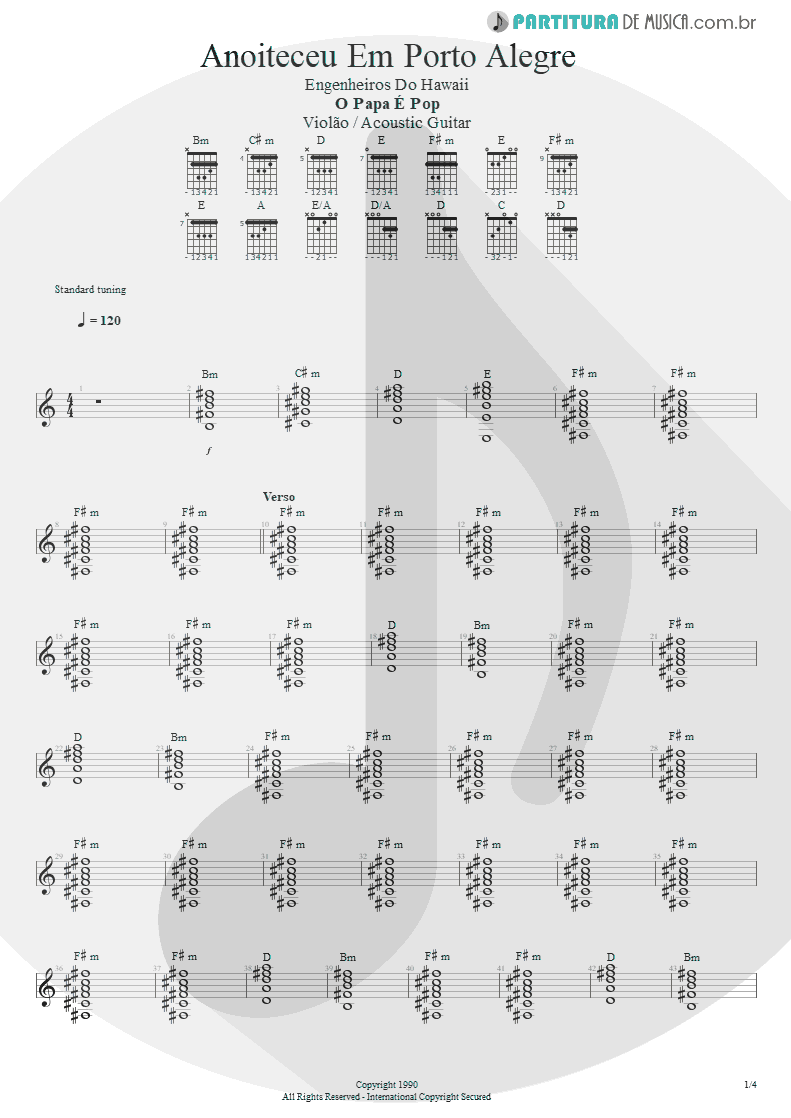 Partitura de musica de Violão - Anoiteceu Em Porto Alegre | Engenheiros do Hawaii | O Papa é Pop 1990 - pag 1