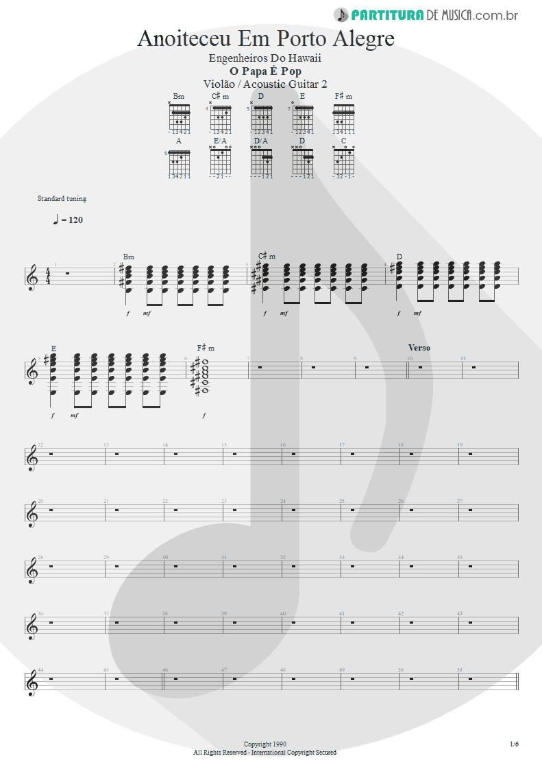 Partitura de musica de Violão - Anoiteceu Em Porto Alegre | Engenheiros do Hawaii | O Papa é Pop 1990 - pag 1